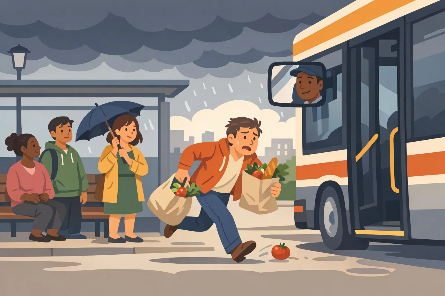 Ilustración: un hombre corre hacia un autobús que cierra sus puertas