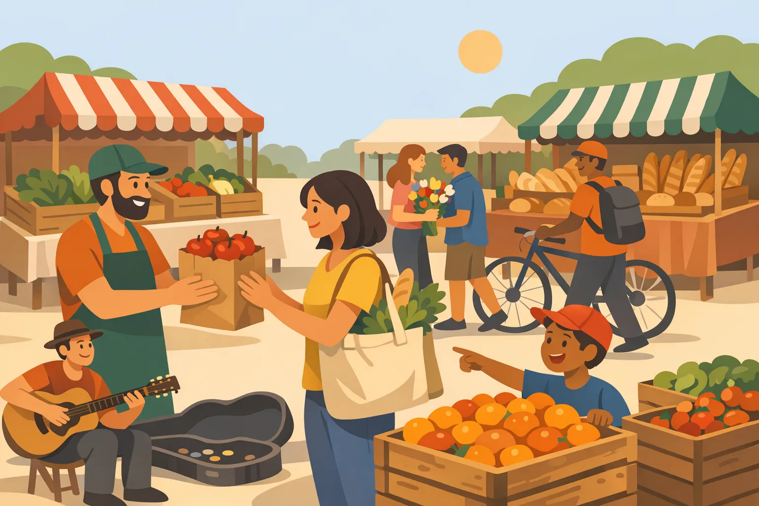 Ilustración: un mercado de agricultores muy concurrido