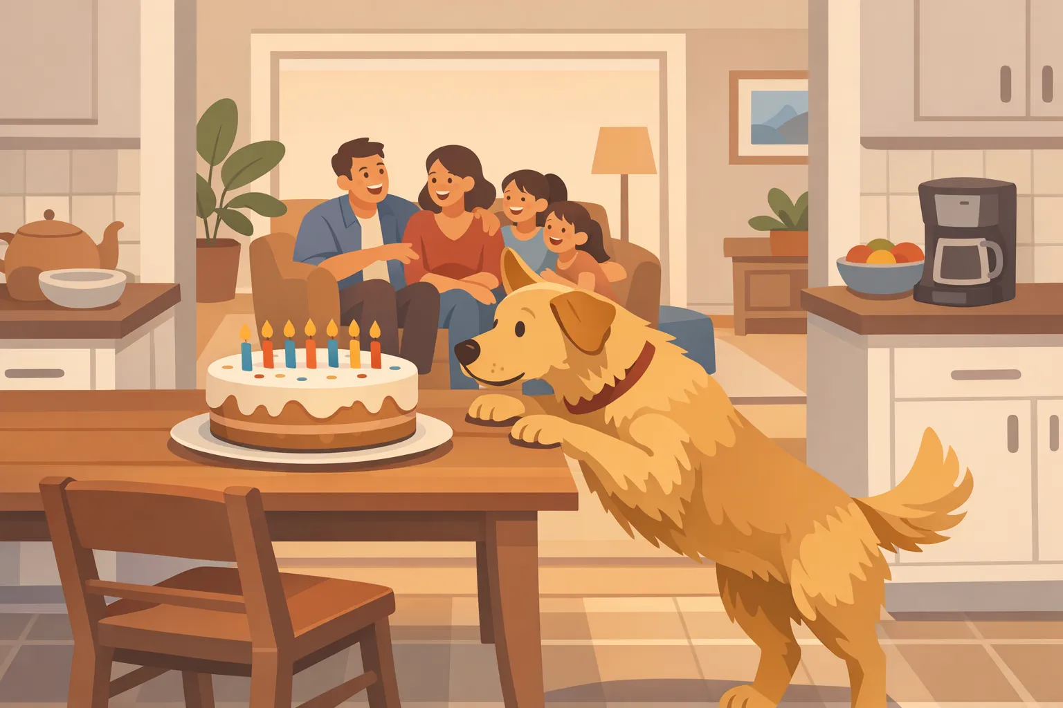 Ilustración de la tarea: un perro solo en la cocina frente a un pastel de cumpleaños